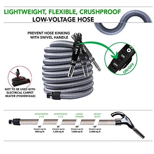 OVO 30ft Universal Central Vacuum Hose with Switch Control - Low Voltage, Crushproof, Fits Most Inlets