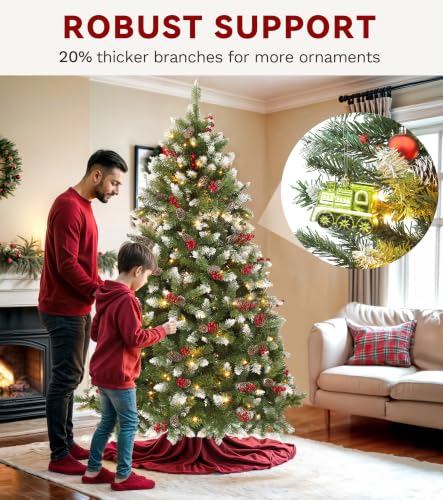 DWVO 9ft Pre-Lit Christmas Tree with Pine Cones & Red Berries, 2058 Tips, 900 Lights, Green with Pine Cone & 8ft 11in Variation