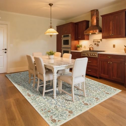 8x10 Beige Blue Washable Area Rug - Soft Botanical Floral Carpet for Living Room