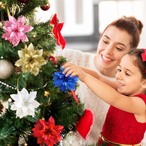 Christmas Poinsettia Artificial Flowers Decorations 5.5" Christmas Tree Wreaths Garland Decoration 12 Pcs Glitter Flowers Picks Decor for Xmas New Year Wedding Party Ornaments (Red Gold)