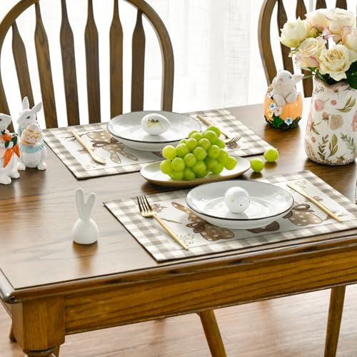 Artoid Mode 12x18 Inch Buffalo Plaid Bunny Easter Placemats Set of 4 – Seasonal Holiday Kitchen Table Decor Brown