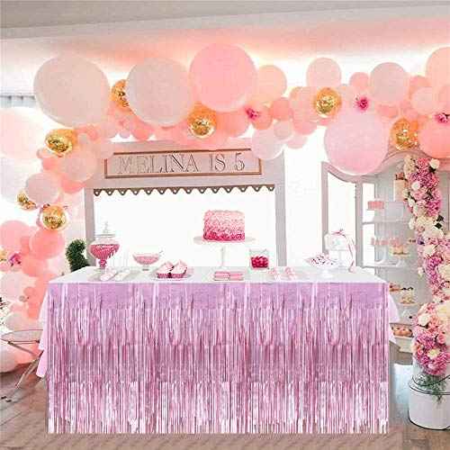2 Packs Metallic Foil Fringe Table Skirt Pink Tinsel Table Skirt Garland for Rectangle Tables Hotel Floats Mardi Gras Holiday Birthday Wedding New Year Party Decoration (108 X 29 inch)