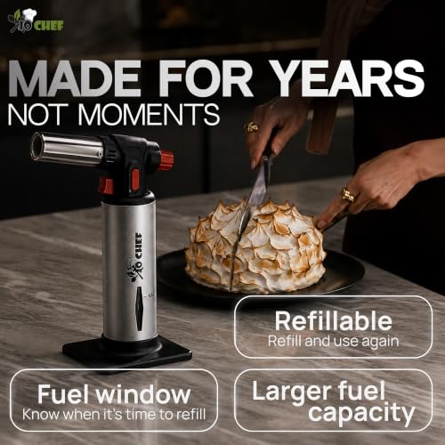Jo Chef Refillable Kitchen Torch with 2 Butane Cans & Accessories - Silver/Black