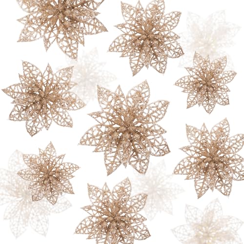 Naler 24 Pieces Christmas Glitter Poinsettia Flowers Artificial Xmas Flowers for Christmas Tree Wreaths Wedding Ornaments, Champagne, 3/4/6 Inch