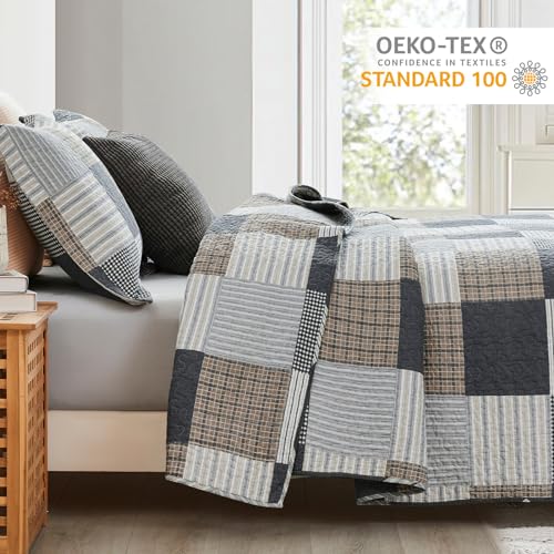 Finlonte Queen Size Cotton Quilt Set 90x98 Reversible Farmhouse Bedding Gray