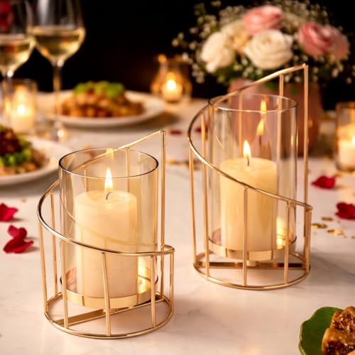 Wonder Decors 2 Pack Spiral Metal Candle Holders with Amber Glass Cylinders - Wedding & Home Decor