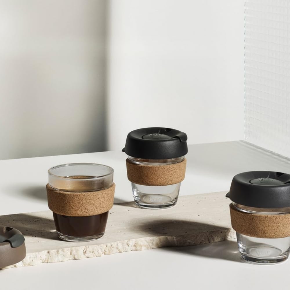 KeepCup Brew Cork, Reusable Glass Tumbler with Natural Cork, Espresso Coffee Cup 6oz / 227ml - Black