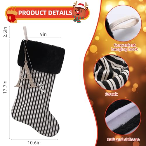20 Inch Black Vertical Stripe Christmas Stocking with Gold Wooden Initial, Personalized Holiday Decor