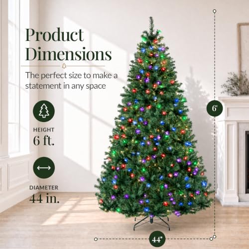 Pre-Lit 6Ft Artificial Christmas Tree with Twinkling Multi-Color LEDs - Green Pine with 250 Lights & 1000 Tips