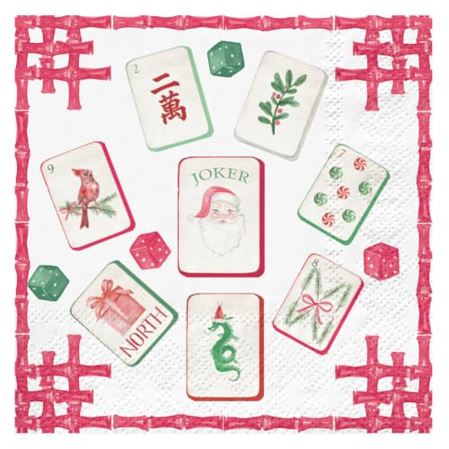 RUSPEPA 25Pcs Christmas Mahjong Paper Napkins - Tiles & Dice Design, 5x5in, Disposable Cocktail Napkins (Variation: Mahjong Tiles and Dice)
