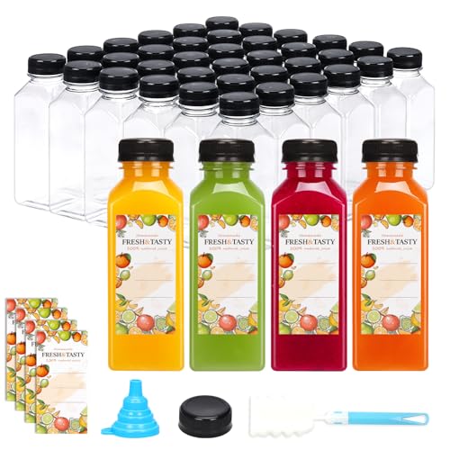 12 oz Plastic Juice Bottles Set with Caps, Labels & Brush - 48 Pack (Variation: 12oz-48bottles)