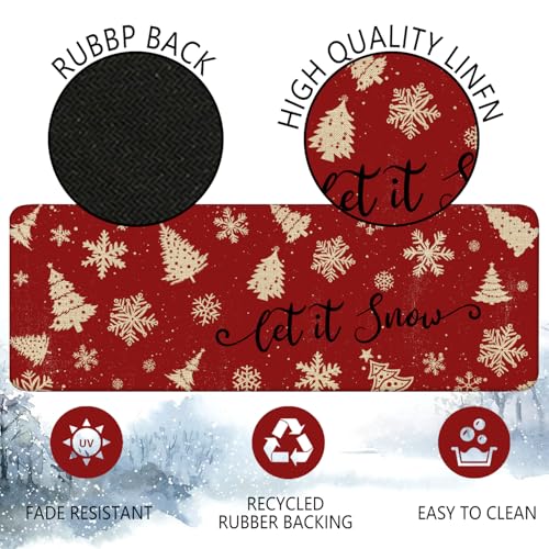 Christmas Kitchen Rugs Set of 2 17x30 & 17x47 Linen Non-Slip Mats | Merry Christmas & Let It Snow