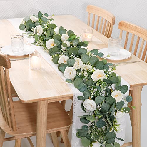 Artificial Eucalyptus Garland with White Roses - 4 Pack, 1.8m Length