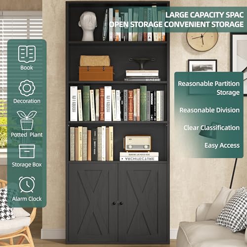 Black Modern Bookshelf with Doors - 6-Tier 71-Inch Tall Bookcase Storage Cabinet for Home Office