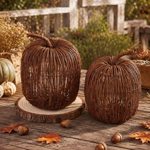 Artificial Wicker Pumpkin Decor Set - 12 x 10 Inches Farmhouse Fall Decor (2 Pieces)