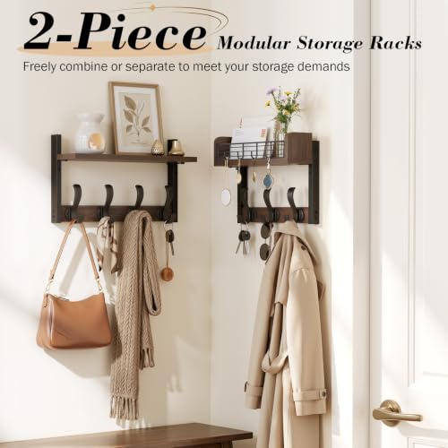 Brown 29-Inch Wall Mount Coat Rack with Shelf and 11 Hooks - 4 in 1 Entryway Organizer