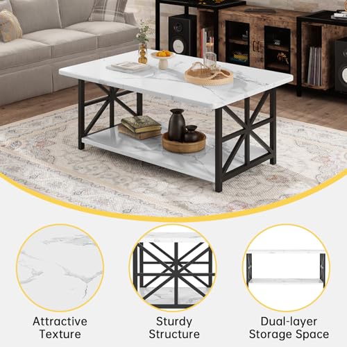 AWQM White Faux Marble 2-Tier Coffee Table with Round Corners & Storage Shelf