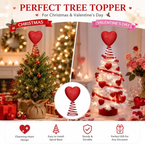 Red Heart Christmas Tree Topper, Glitter Mini Holiday Decoration