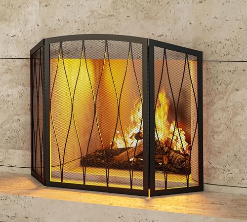 Kingson 3-Panel Childproof Fireplace Screen - Heavy Duty Wrought Iron Spark Guard, Foldable Black Mesh Cover for Living Room