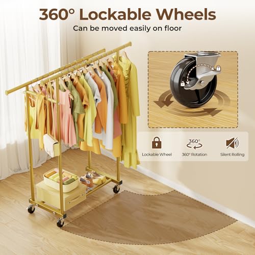 Double Rod Clothes Rack with Wheels, Sturdy Portable Garment Rack for Bedroom Laundry