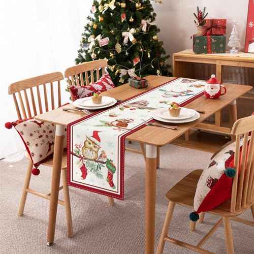 Bonhause Christmas Owl Table Runner 13x72 Inch Bird on Pine Branches Snowflakes Seasonal Winter Holiday Kitchen Dining Table Decoration for Indoor Outdoor Home Party Decor