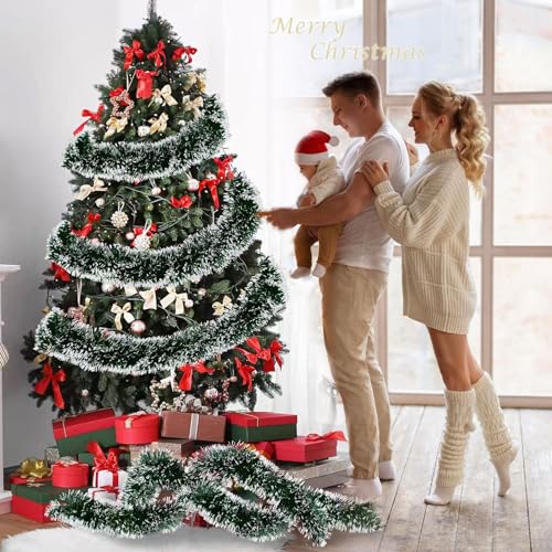 Green & White 60ft Christmas Tinsel Garland for Tree - Yunniviva, Glitter Wire Decor