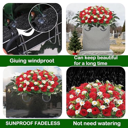 Lodou Red Artificial Cemetery Flower Saddle for Memorial Graves Headstones