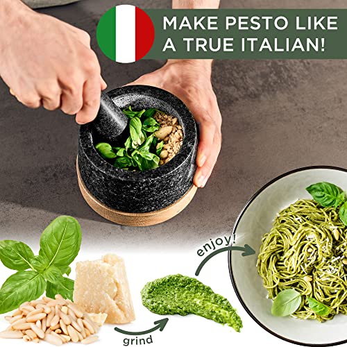 WALDWERK Oak Wood & Natural Granite Mortar and Pestle Set 6.1 Inch - Large Kitchen Grinder for Guacamole