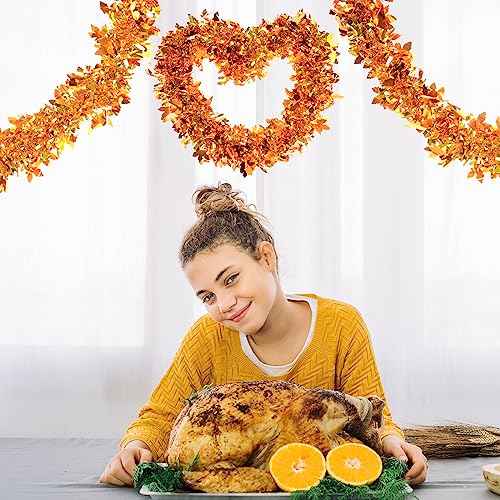 GlyinnHe 33Ft Thanksgiving Tinsel Garland, Golden Maple Leaf Metallic Twist Fall Hanging Garland for Autumn Thanksgiving Halloween Party Decoration