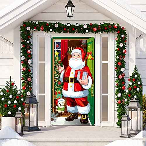 Irenare Christmas Door Cover Decoration Santa Claus Front Door Cover Xmas Hanging Banner Background for Christmas Xmas Holiday Winter Home Indoor Outdoor Decoration Supplies(Red)
