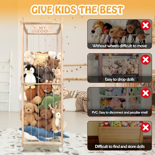 Wooden Stuffed Animal Storage Zoo with Wheels - 64 Inch Large Toy Organizer
