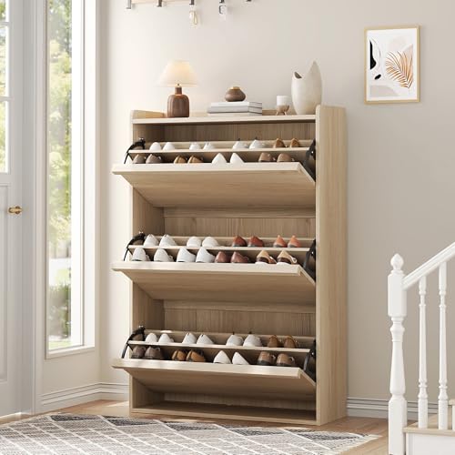 GarveeHome Shoe Cabinet with 3 Flip Drawers, Wooden Organizer