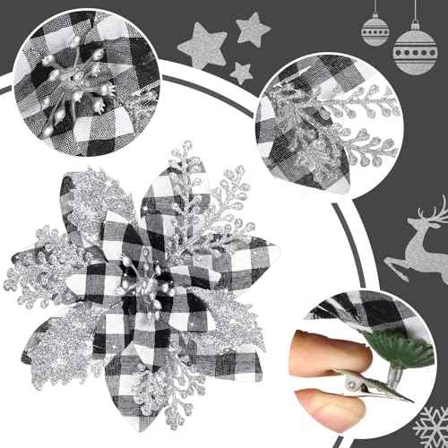 5.7 Inch Artificial Poinsettias Christmas Glitter Flowers with Clips Xmas Tree Flower Ornament Poinsettias Decor (Black and White Buffalo with Silver Petals,12 Pieces)