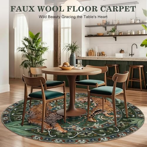 Tiger Round Area Rugs for Living Room 6ft, Boho Green Animal Print