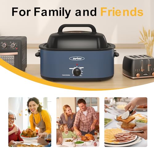 Sunvivi 26QT Electric Roaster Oven with Viewing Lid, 30lb Turkey, Blue