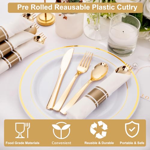 Joyido 400PCS Gold Plastic Silverware Set - Classic Pre Rolled Disposable Cutlery for Parties & Events