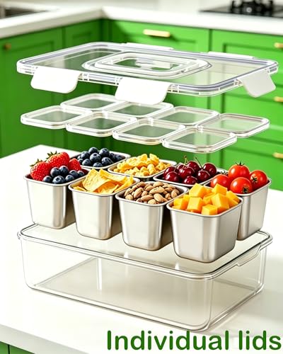Stainless Steel Snackle Box with Ice Pack - 8-Compartment Large Travel Snack Tray, Silver White