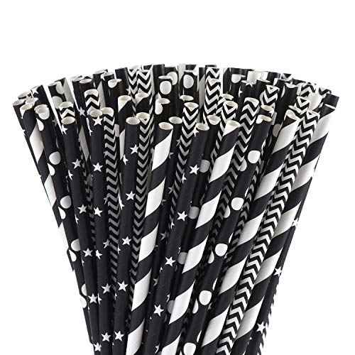 ALINK Biodegradable Black Paper Straws, 100 Stars/Dots/Stripes/Waves Drinking Straws for Halloween, Birthday, Wedding, Bridal/Baby Shower and Christmas Decorations