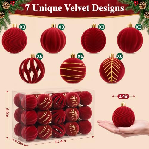 WISELIFE Red Velvet Christmas Ball Ornaments 30 Pack, 2.4in, with Gold Caps