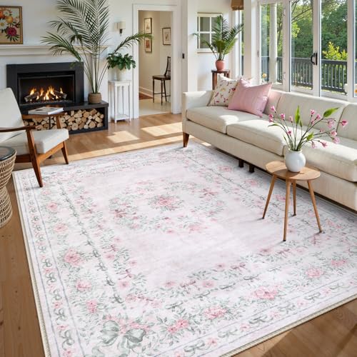 Wonnitar Light Pink Floral Bow Area Rug 8x10 for Bedroom & Nursery