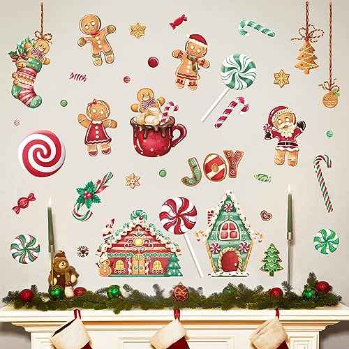 Wondever Gingerbread Man Wall Stickers - Peppermint Candy Cookie & Christmas Window Wall Art Decals for Party & Kitchen