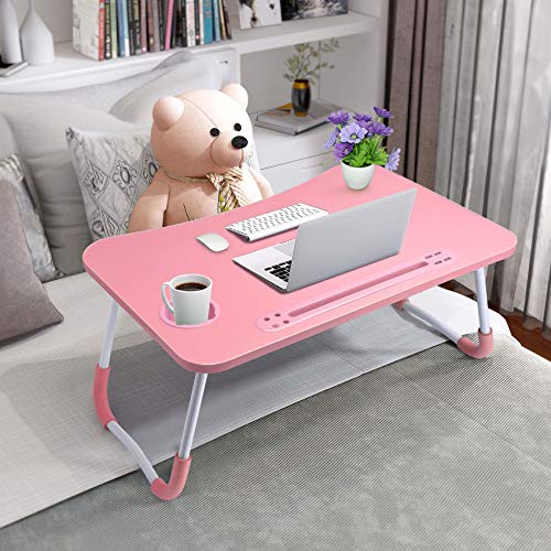 Pink Slendor Foldable Lap Desk with Cup Holder for Bed Couch Floor