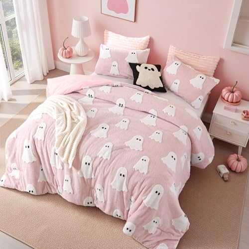 Smoofy Pink Ghost Halloween Comforter Set, Fleece Queen Bedding