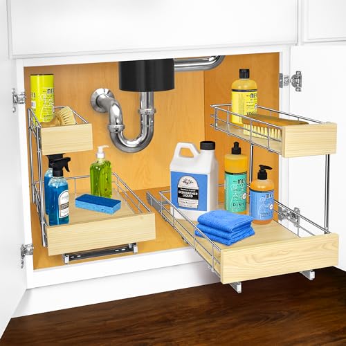 LYNK PROFESSIONAL® Select 11.5W x 18D Under Sink Kitchen Organizer - Chrome Finish, Wood Variation