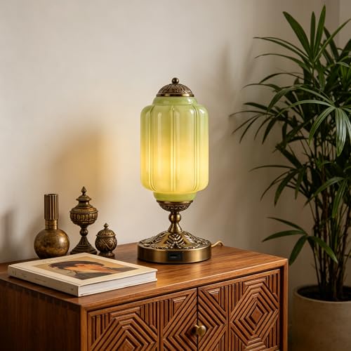 Vintage Touch Table Lamp with Green Milk Glass Shade & Antique Brass Base, 3-Way Dimmable Desk Light with USB Charging