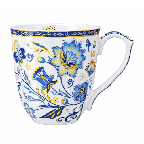 LanHong Blue Floral 14oz Bone China Coffee Mug with Handle - Daily Tea & Coffee Cup