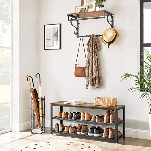 VASAGLE Rustic Brown 3-Tier Shoe Rack & Storage Bench, 39.4" W x 17.7" H