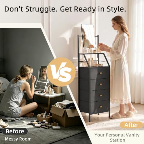 Vanity Dresser with Adjustable Mirror & 4 Fabric Drawers - Black, 15.3 W x 11 D x 58 H
