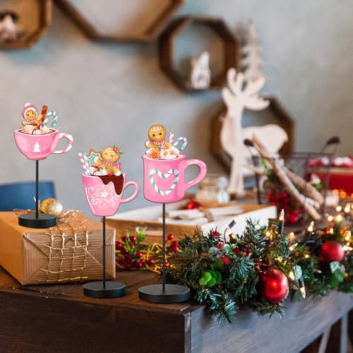 Pink Gingerbread Christmas Table Decor Set - Hot Cocoa, Candy Cane & Gingerbread Signs