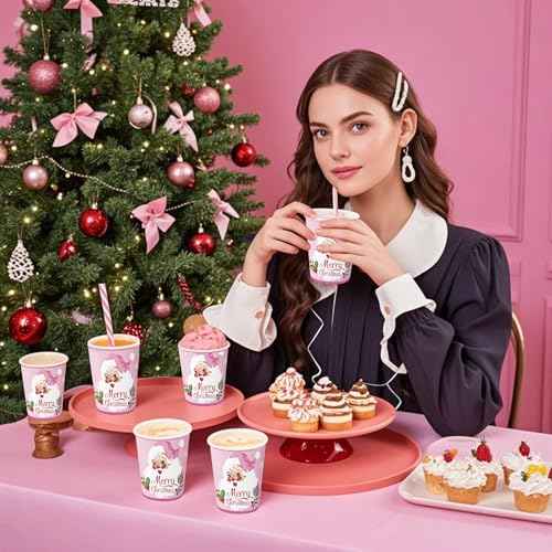 WRAPAHOLIC 50 Pcs Christmas Paper Cups - 9 oz Pink Santa Claus Disposable Cups, Holiday Party Supplies for Juice Coffee Hot Cold Beverage Drink